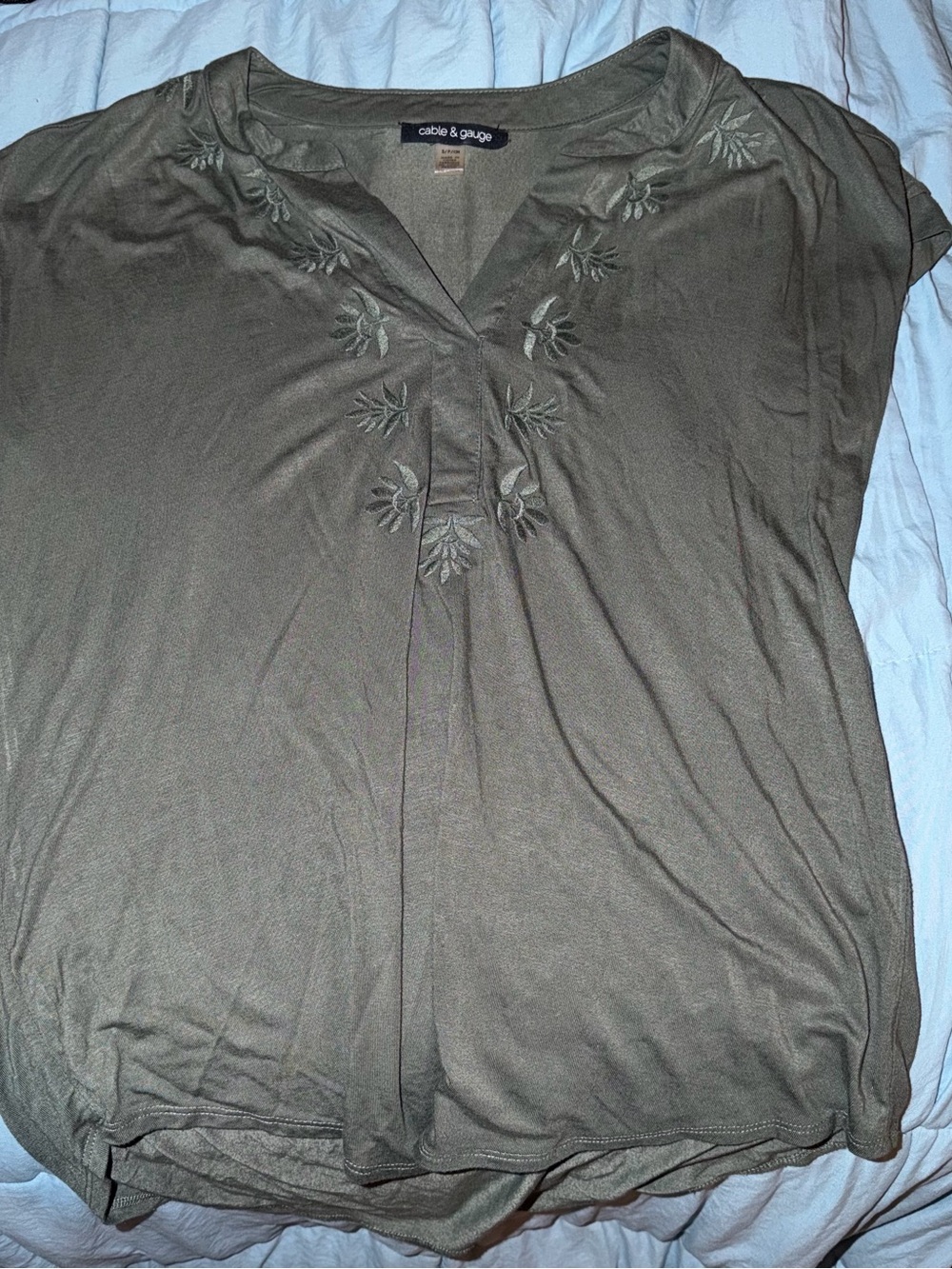 Cable & Gauge Olive Embroidered V-Neck Blouse